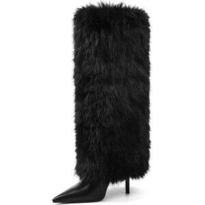 Women's A-black Kalstage Fur Knee High Heeled Wide Calf Party Fashion Boots